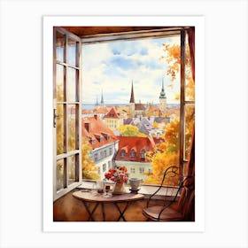 Window View Of Tallinn Estonia In Autumn Fall, Watercolour 2 Art Print
