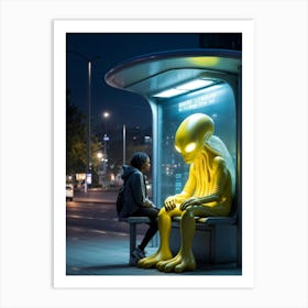 Yellow Alien Exhibiting Signs Of Friendliness Seated At A Bus Stop Tentacles Displaying A Relaxed Art Print