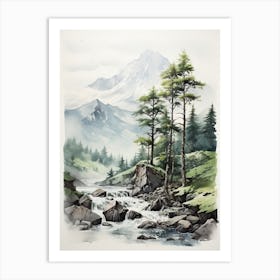 Yatsugatake Mountains In Yamanashi,  Japanese Brush Painting, Sumi E, Minimal  2  Art Print