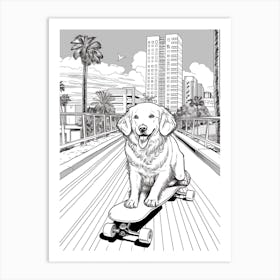 Golden Retriever Dog Skateboarding Line Art 2 Art Print