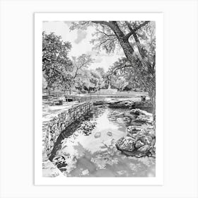 Barton Springs Pool Austin Texas Black And White Drawing 2 Art Print