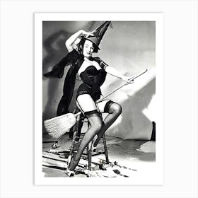 Young And Beautiful Witch Posing On A Broom In Studio Art Print