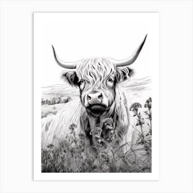Black & White Illustration Of Highland Cow With Wild Flowers Art Print