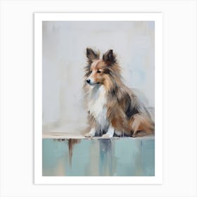 Shetland Sheepdog Dog, Painting In Light Teal And Brown 0 Art Print