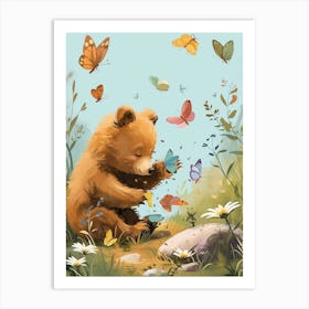 Brown Bear Cub Playing With Butterflies Storybook Illustration 2 Art Print