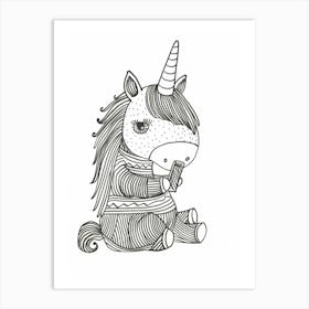 Unicorn On A Smart Phone Black & White Doodle Art Print