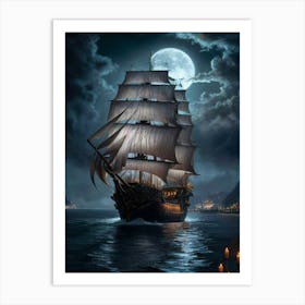 Pirate Ship At Night Art Print