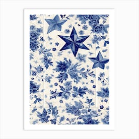 Vintage Flowers And Stars Delft Tile Illustration 3 Art Print