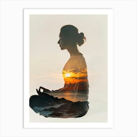 Woman Meditating At Sunset Art Print