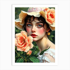 Girl With Hat and Roses Art Print