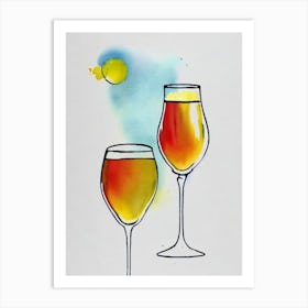 French 75 Minimal Line Drawing With Watercolour Cocktail Poster Art Print