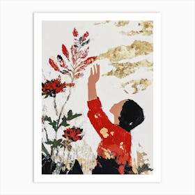 Girl Reaching For Flowers Art Print