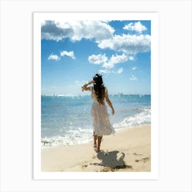 A Girl Walking Along The Beach, Sunny, Sea, Oil Painting Art Print