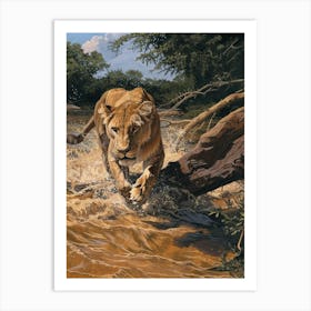 African Lion Relief Illustration Crossing A River 4 Art Print