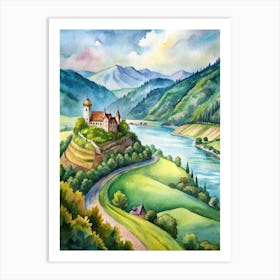 Watercolor Of A Castle In The Mountains Art Print