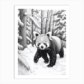 Red Panda Walking Through A Snow Covered Forest Ink Illustration 4 Art Print
