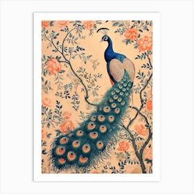 Sepia & Blush Pink Blue Peacock Art Print