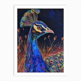 Peacock At Night Portrait 2 Art Print