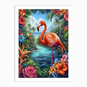 Greater Flamingo Las Coloradas Mexico Tropical Illustration 1 Art Print