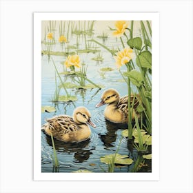 Ducklings In The River Japanese Woodblock Style 1 Art Print