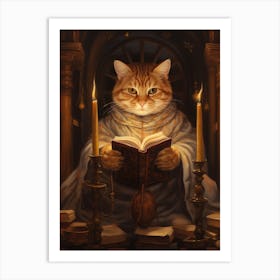 Cat Reading A Book In A Medieval Library 2 Art Print