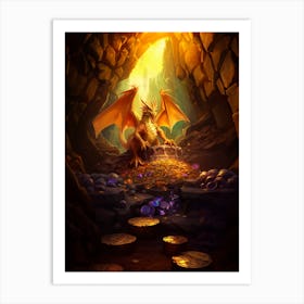 Cave Dragon Protecting Gold Art Print