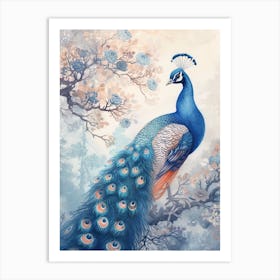 Watercolour Peacock With The Blue Blossom 2 Art Print
