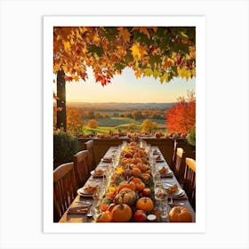 An Autumnal Thanksgiving Dinner Setting Where The Wooden Table Basks Under Golden Afternoon Sun A (4) Art Print