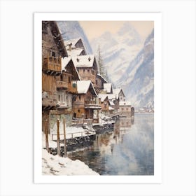 Vintage Winter Painting Hallstatt Austria 2 Art Print