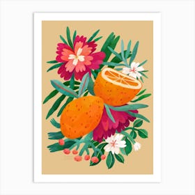 Colorful Oranges With Pink Flowers Art Print