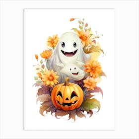 Cute Ghost With Pumpkins Halloween Watercolour 69 Art Print