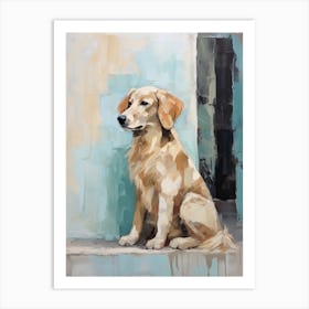 Golden Retriever Dog, Painting In Light Teal And Brown 1 Art Print