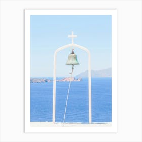 Milos, Greece I The church, its bell, its cross over Mediterranean sea and blue white architecture with a minimalist geometric mountain panorama photography and summer pastel aesthetic from Cyclades islands Art Print