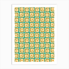 Retro 70s Floral Squares, Teal, Green, Orange Art Print