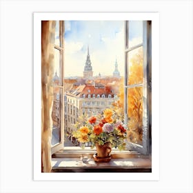 Window View Of Riga Latvia In Autumn Fall, Watercolour 1 Art Print