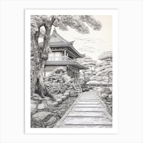 Koya San In Wakayama, Ukiyo E Black And White Line Art Drawing 1 Art Print