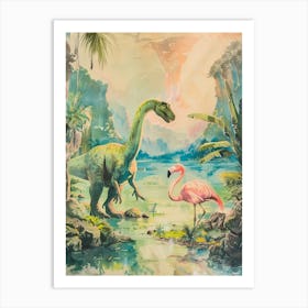 Storybook Painting Of A Dinosaur With A Flamingo Art Print