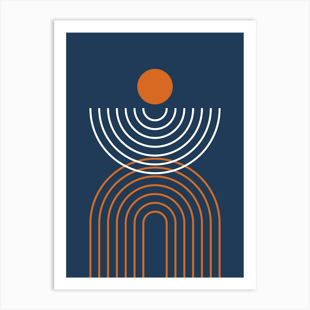 Midcentury Modern Rainbow Arch Sun Abstract A1 In Navy Blue And Burnt Orange 01 Art Print by NineFlorals
