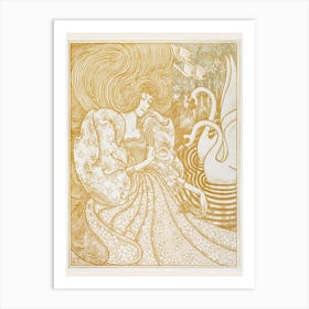 Woman With A Butterfly At A Pond With Two Swans Art Print