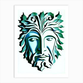 Green Man Symbol Blue And White Line Drawing Art Print
