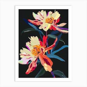 Neon Flowers On Black Peony 2 Art Print