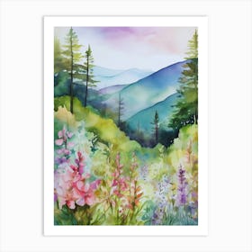 Smoky Mountains Painting, Spring Flowers, Watercolor Art, Appalachian Mountain Landscape Wall Art, Mountain Forest Print..187 Art Print