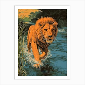 African Lion Relief Illustration Crossing A River 3 Art Print