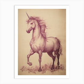 Vintage Pegasus Burgundy Line Drawing Art Print