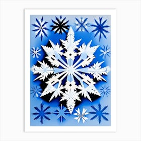 Irregular Snowflakes, Snowflakes, Blue & White Illustration Art Print