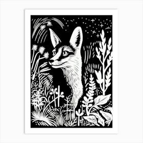 Fox In The Forest Linocut Illustration 7  Art Print