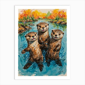 Otters In The Water Art Print