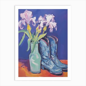 A Painting Of Cowboy Boots With Lilac Flowers, Fauvist Style, Still Life 4 Art Print