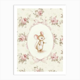 Little Baby Mouse in a Whimsical Frame with Bows and Flowers. Vintage Illustration, Kids Room Art Print