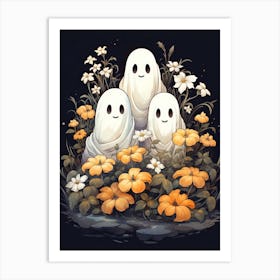 Cute Bedsheet Ghost, Botanical Halloween Watercolour 96 Art Print